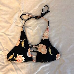 Black with pink flowers bikini top, with open-strapped middle